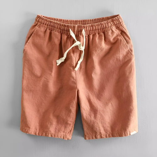 Casual loose-fit shorts in a cotton and linen blend, shown in a straight-leg cut on a hanger.
