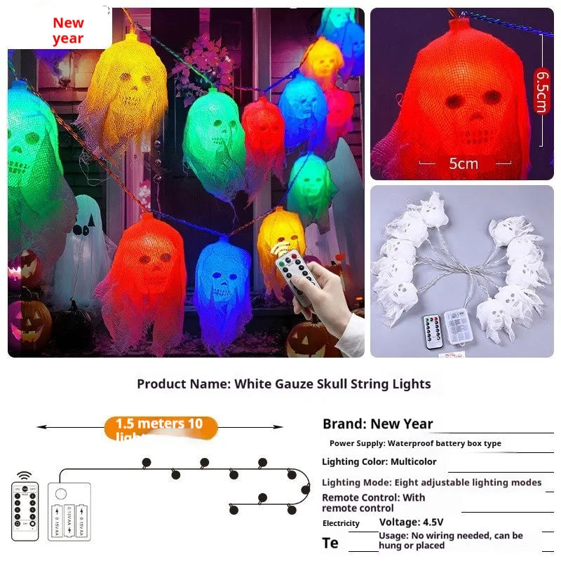 Battery-powered Halloween coloured LED string lights with plastic shell for indoor wall decoration.