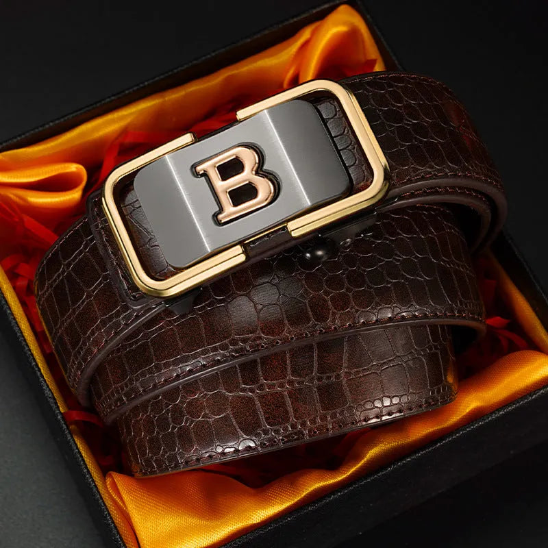 Toothless automatic buckle genuine leather belt in coffee black with zinc alloy buckle
