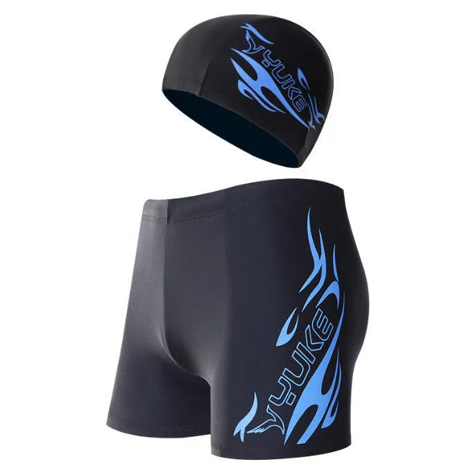 Men's plus-size black swimming trunks with blue flame pattern and matching swim cap