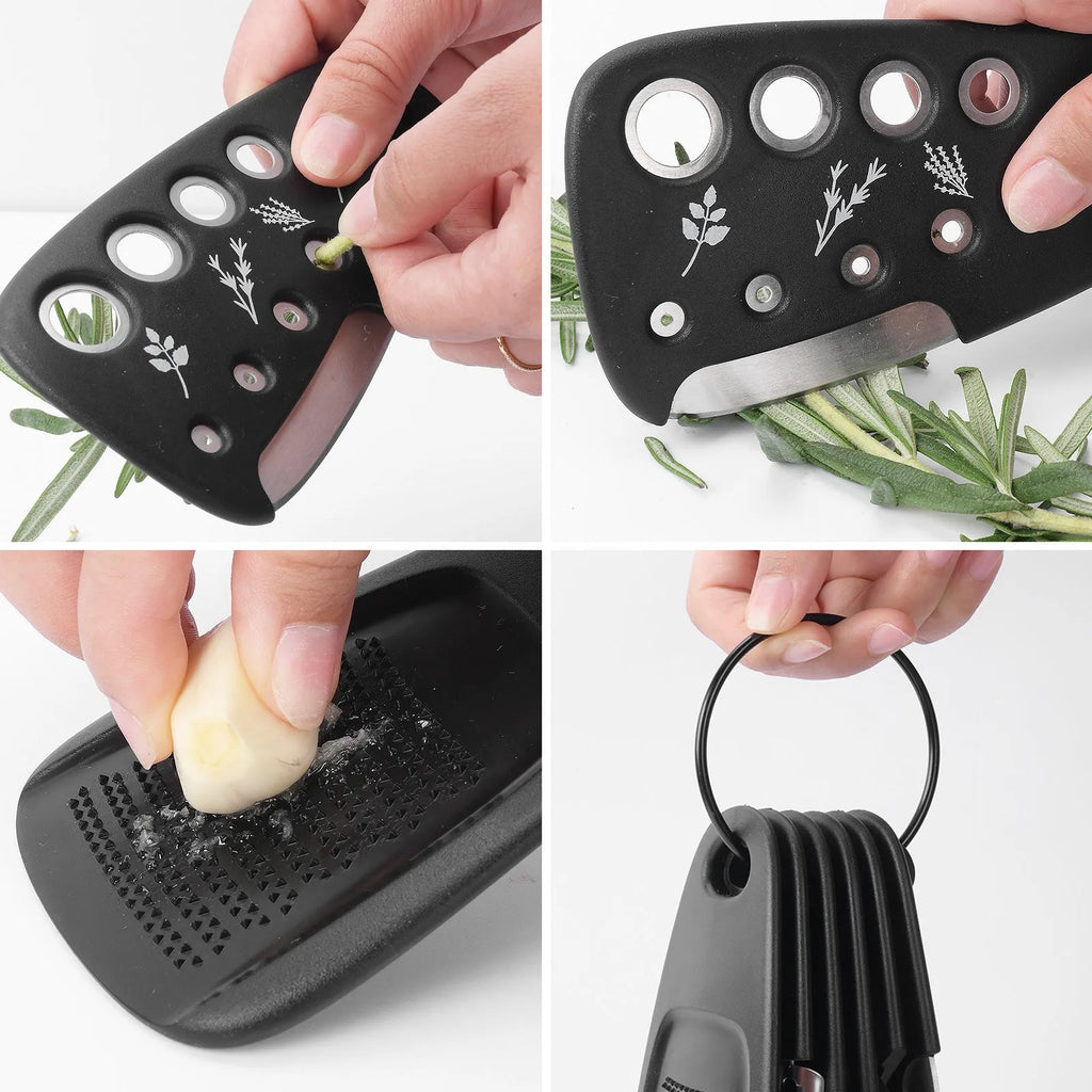 Stackable set of six kitchen utensils with PP handles and stainless steel heads, plus a cleaning brush, in a colour box