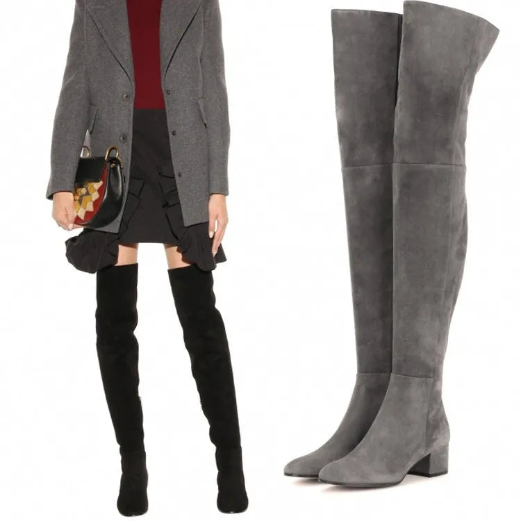 Grey suede women's over-the-knee boots with a pointed toe and flat low heel.