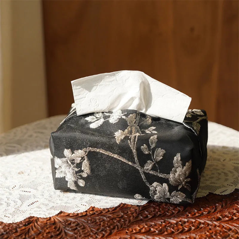 New Chinese style brocade tissue box cover with embroidered white plum pattern, shown with and without a pearl buckle.