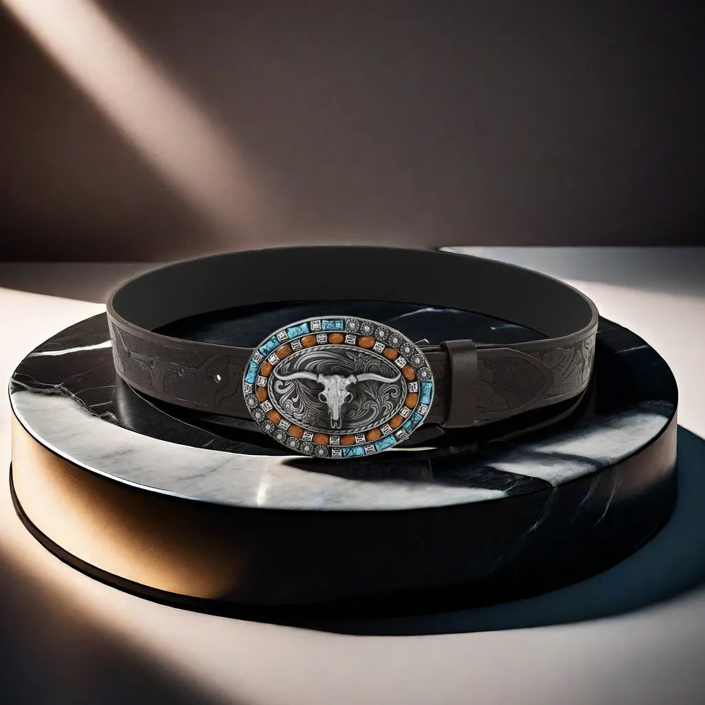 Men's black imitation leather belt with a metallic alloy cow head buckle and pin buckle fastening