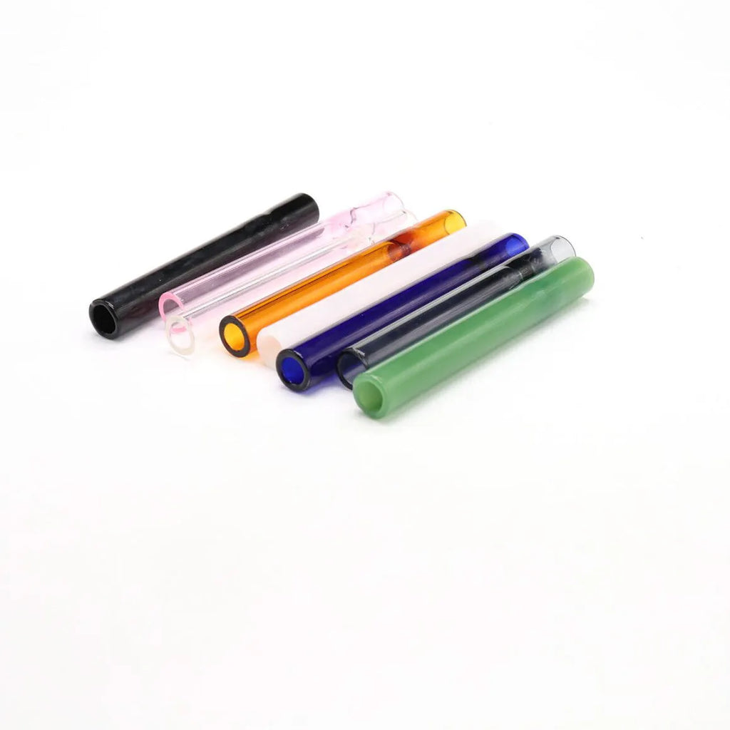 Clear glass telescopic smoking pipe with straight tube and suction nozzle.