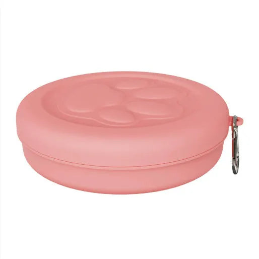 Portable dog food and water bowl shown in light pink and green, available in two-colour or single-colour design and S or L sizes.