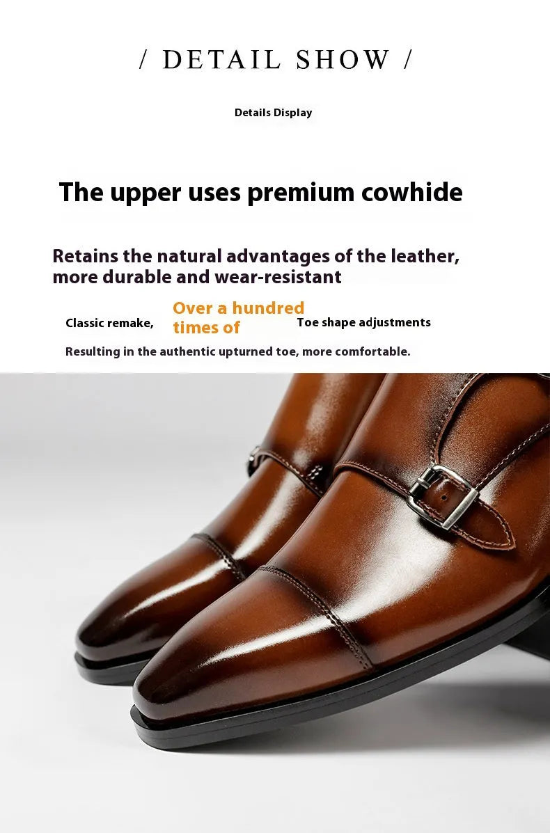 Men's black British style leather business shoes with square toe design and rubber sole