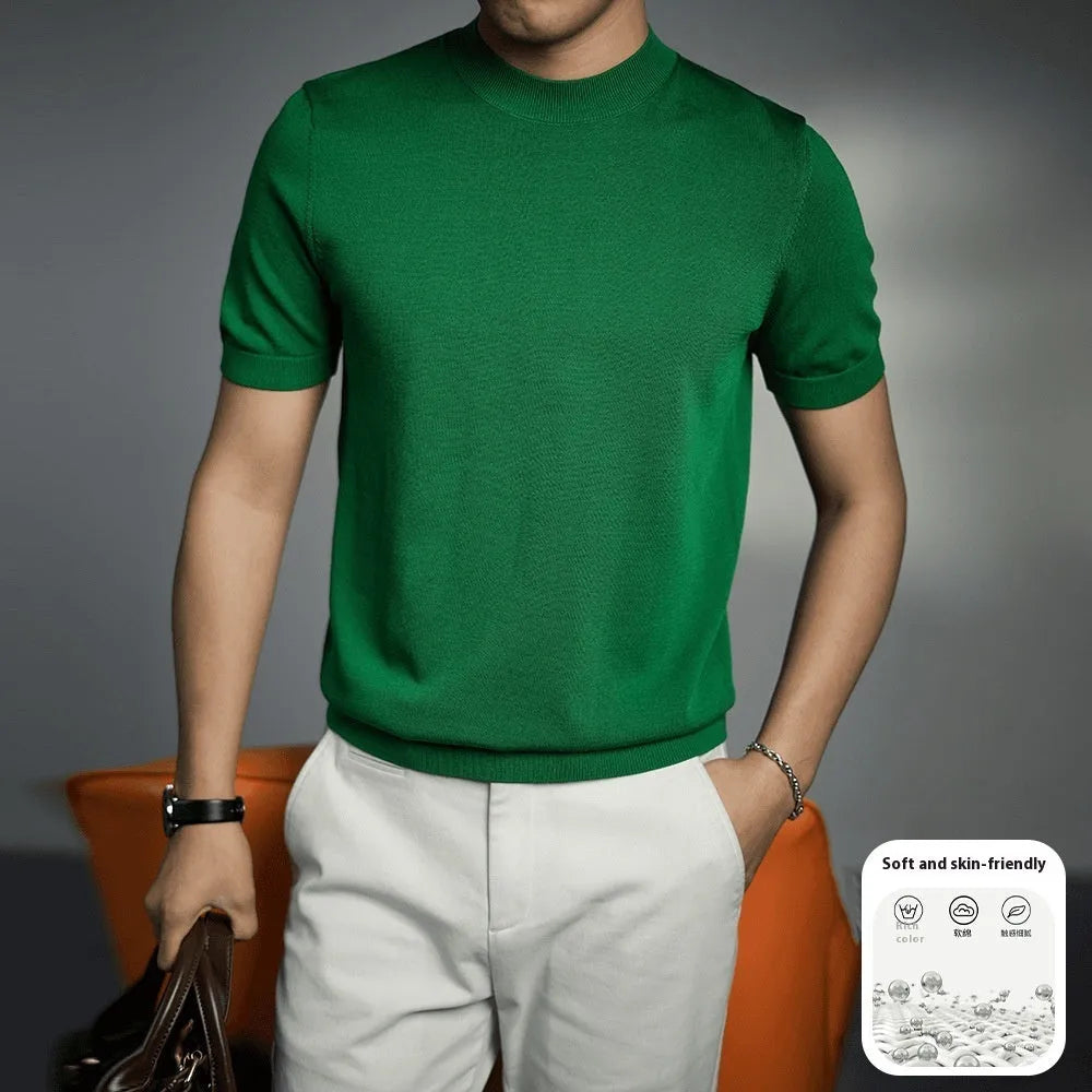 Men's knitted t-shirt in chemical fibre blend with round neck and short sleeves in solid colour options