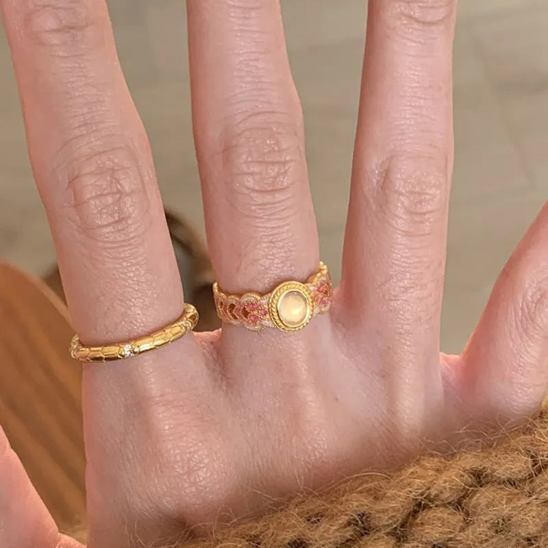 Pink crystal enamel open ring for women with geometric shape on copper gold plating