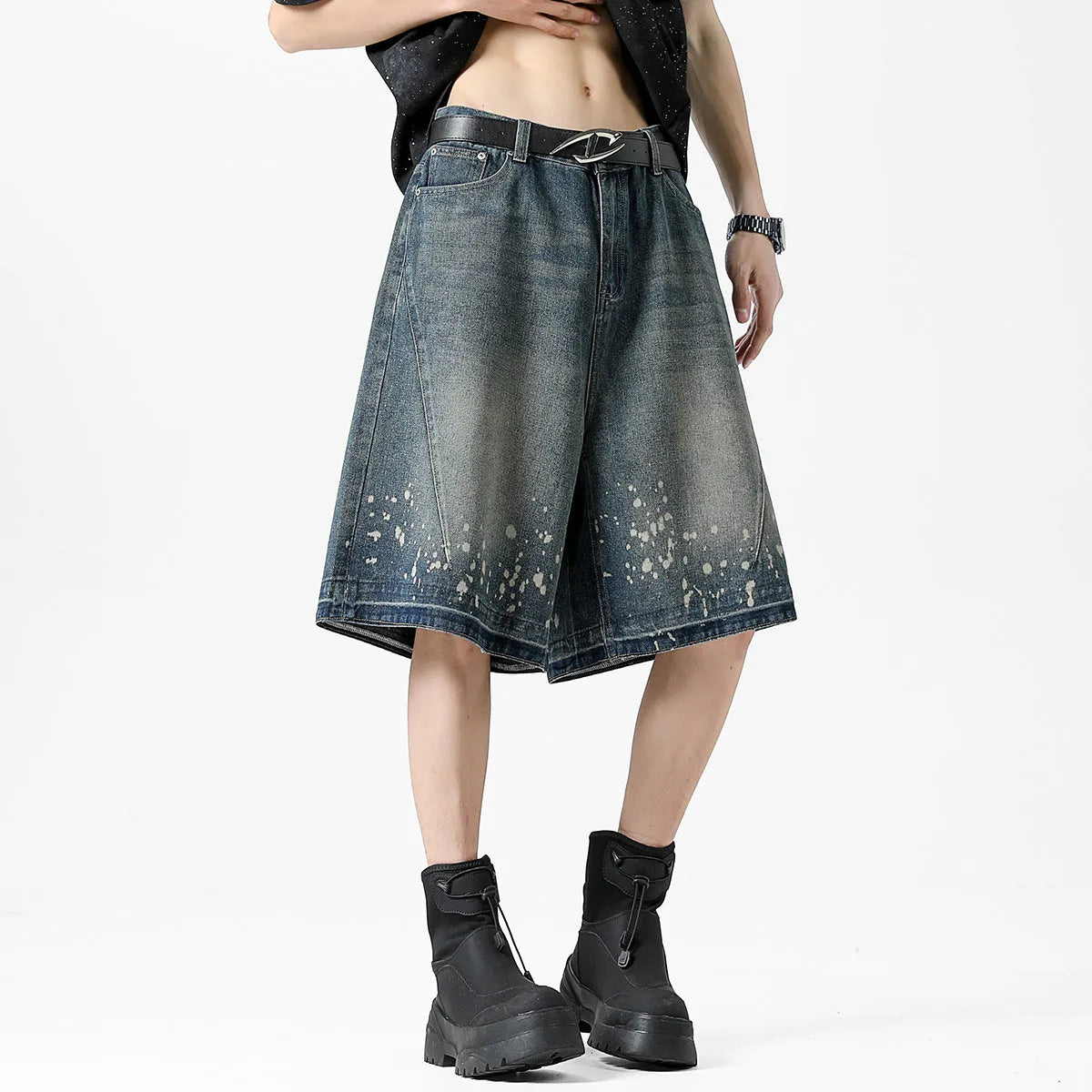 Men's retro blue denim shorts with splash ink pattern and ripped straight-leg design