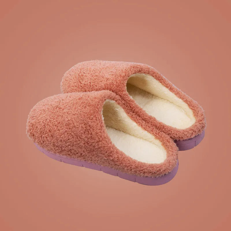 Women’s furry slippers with suede upper and non-slip sole in candy colours for winter home wear
