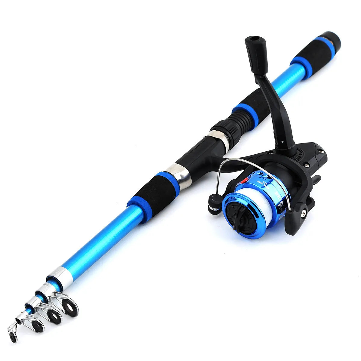 Children's beginner fishing rod and reel set in blue, green, red, or yellow colour options.