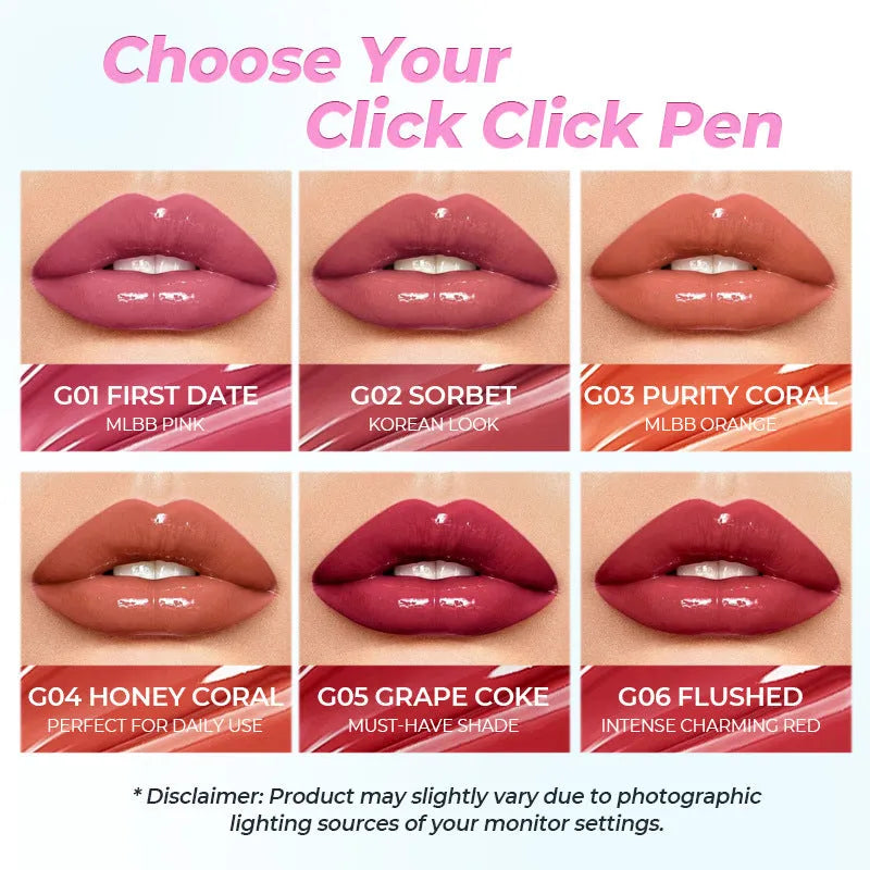 Waterproof moisturising lipstick bullet showing six colour options with 1.8g content