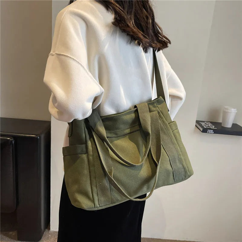 Women's canvas shoulder tote bag with sandwich pocket in solid colour options