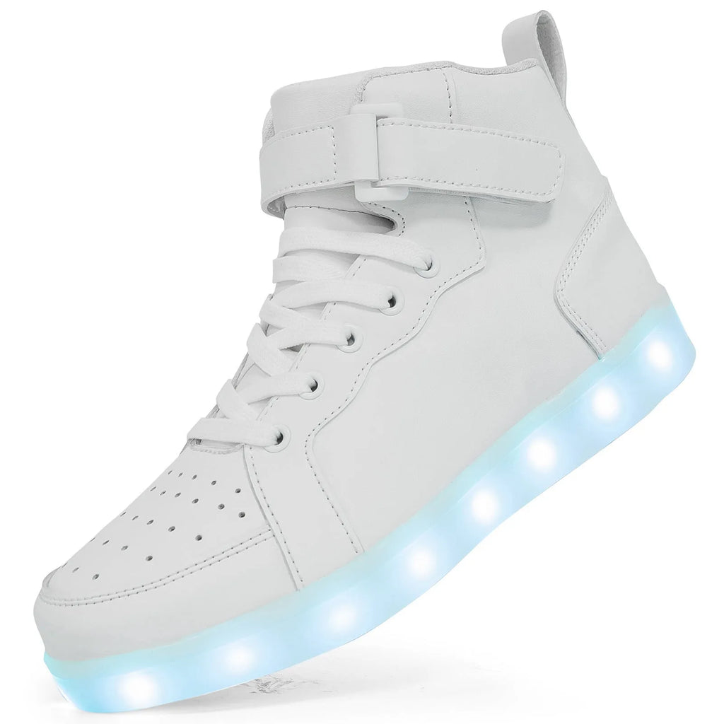 LED light-up high-top board shoes with charging port and Velcro closure in multiple colours