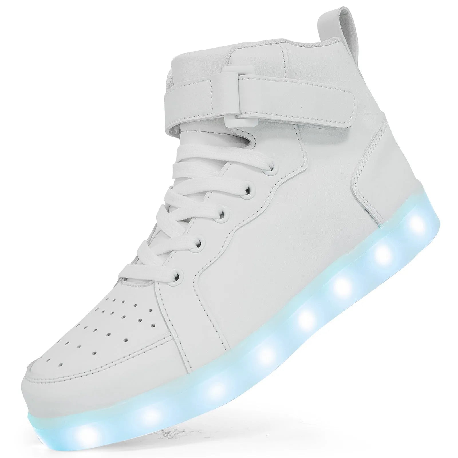 LED light-up high-top board shoes with charging port and Velcro closure in multiple colours