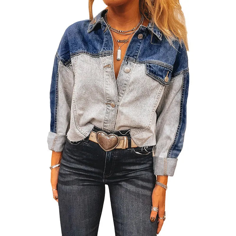 Women's loose-fit denim coat with single row multi-buckle fastening in cotton fabric