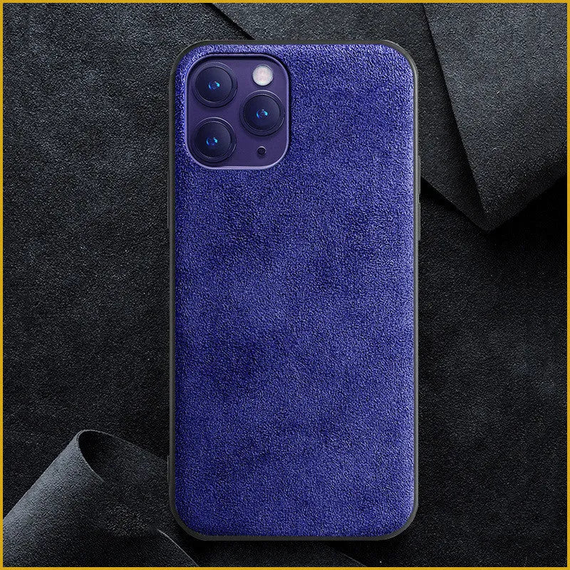 Suede full-cover iPhone back case shown in dark blue, dark night green, and elegant black colours.