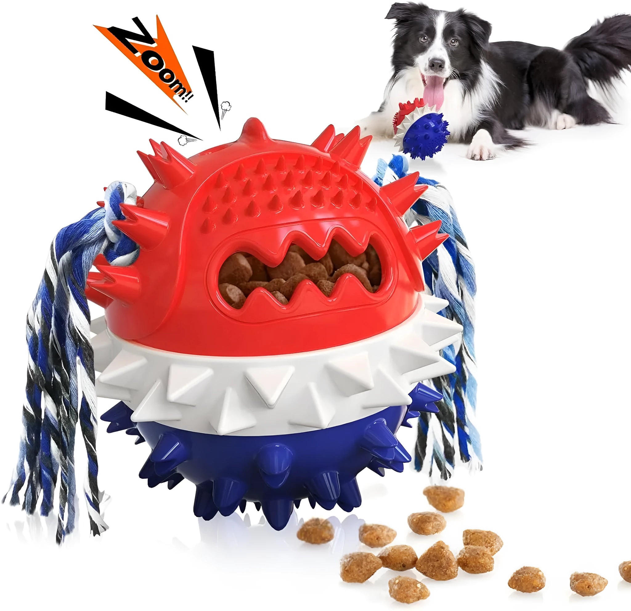 Blue and red bouncy ball dog chew toy with rope and treat hole for aggressive chewers