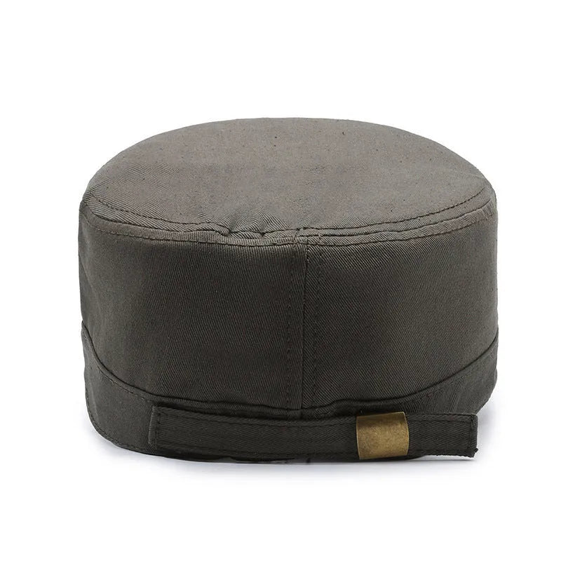 Men's adjustable cotton flat-top peaked cap in army green colour showing dome crown