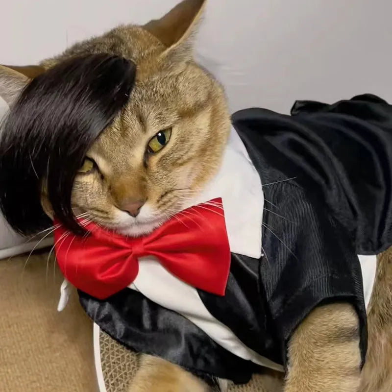 Black imitation braid pet wig for cats on white background