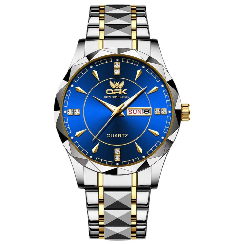 OPK8151 men's quartz watch with round dial, stainless steel strap, and double calendar display