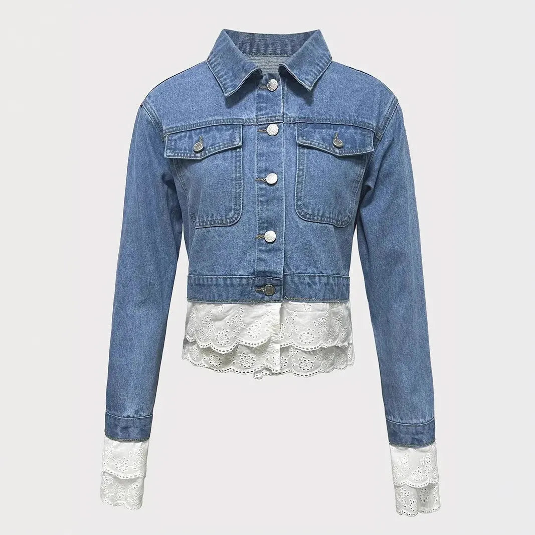 Blue women's denim jacket with lace stitching detail on the front, long sleeves.