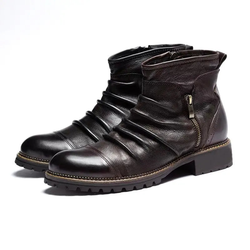 Black high-top cowboy-style Martin boots with a side zipper and a distinctive horseshoe-shaped heel