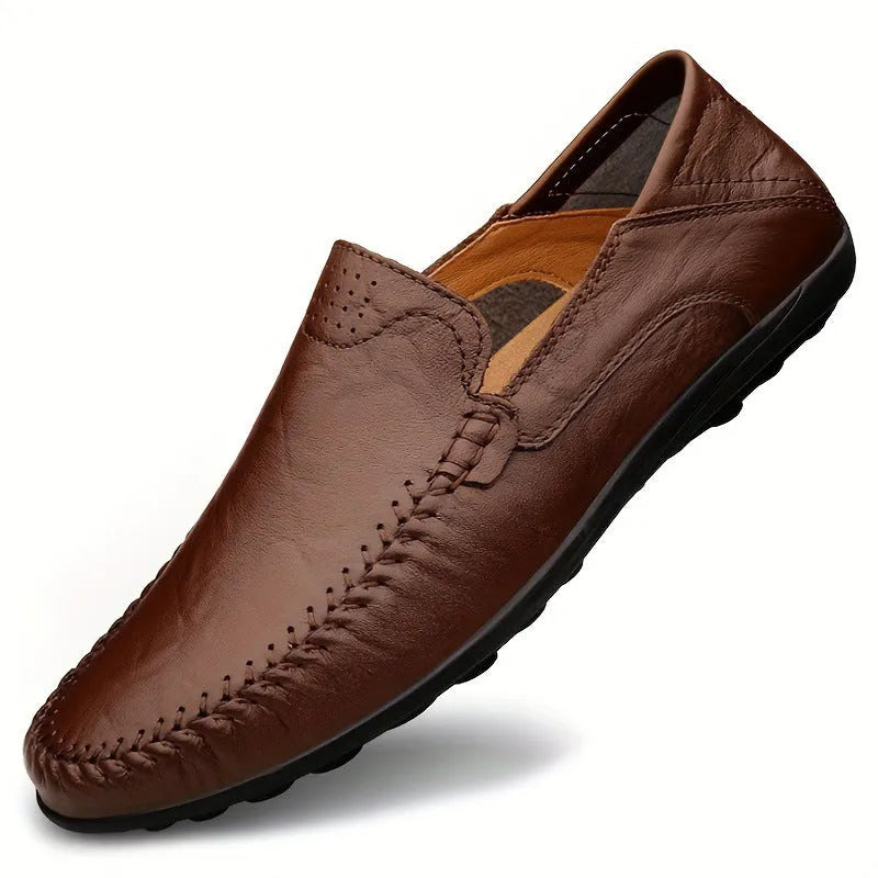 Men's brown leather casual shoes with round toe design and rubber sole for business casual wear