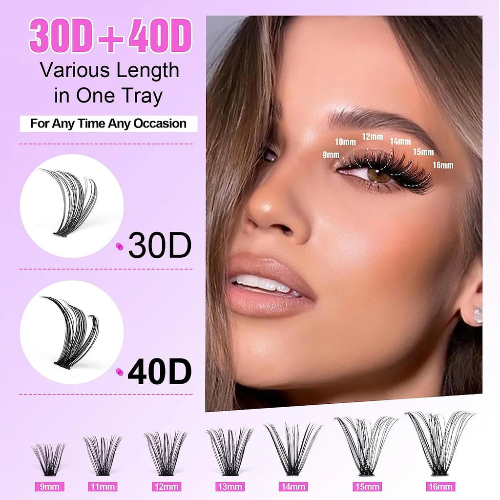 DIY false eyelashes mixed package showing 30D and 40D cluster lashes in 9-16mm lengths with application tweezers