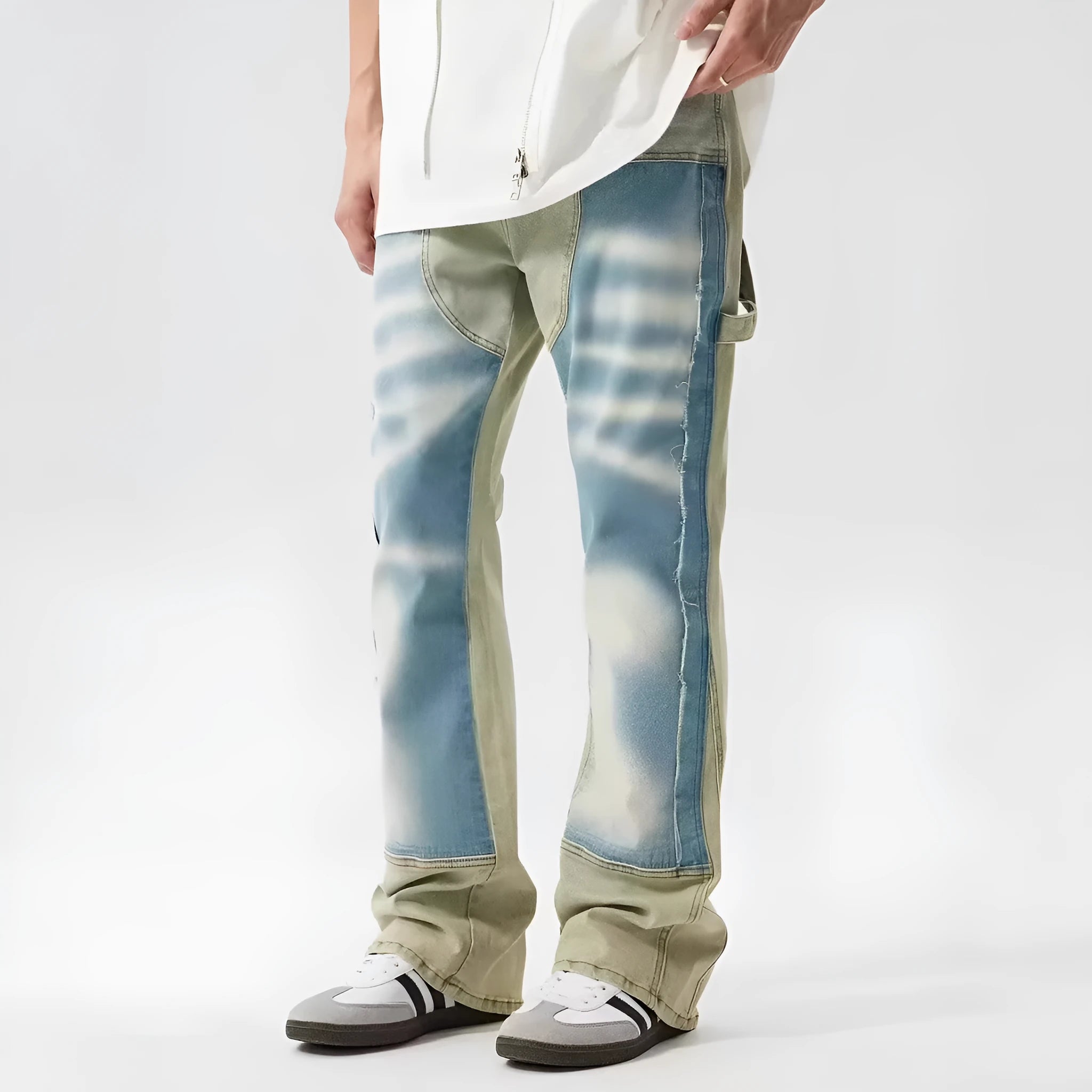 Yellow and blue retro patchwork jeans with splash-ink damaged design, mid-waist cut with zip fly