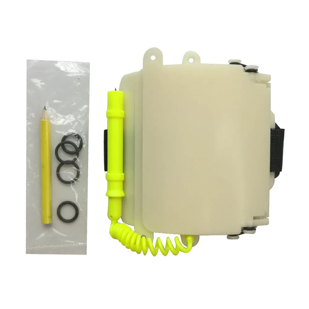 White luminous ABS diving wristboard with pencil and spare o-ring for underwater communication