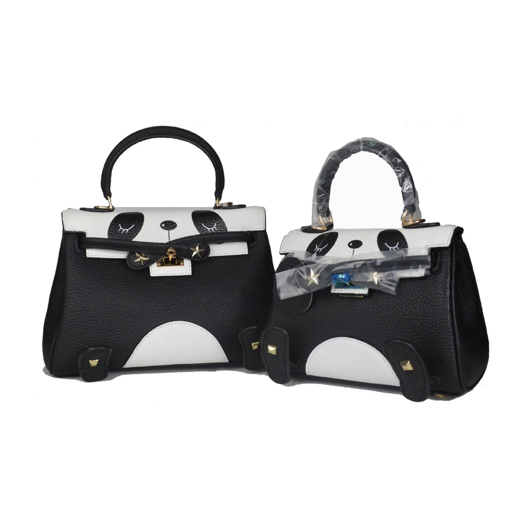 Panda pattern cowhide leather handbag in horizontal square shape, two size options