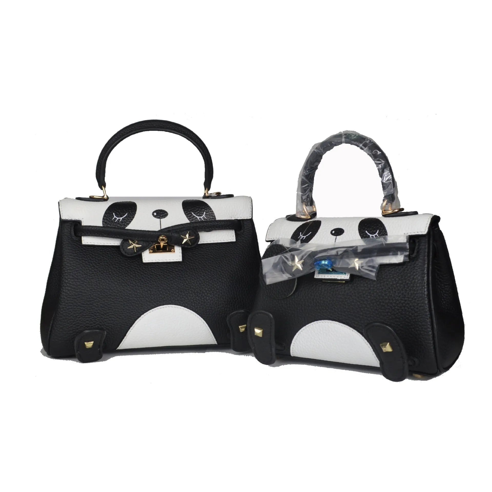 Panda pattern cowhide leather handbag in horizontal square shape, two size options