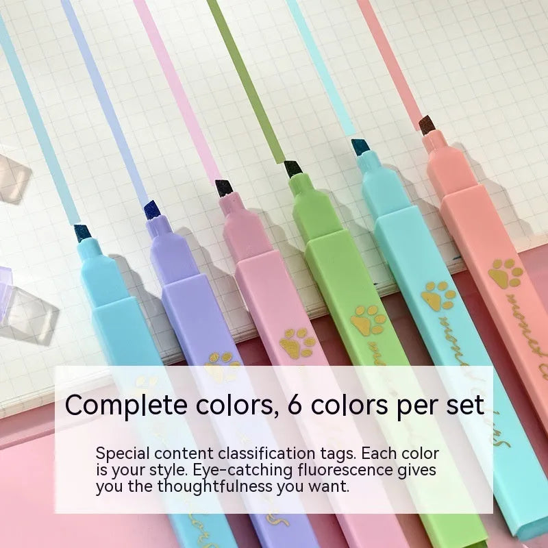 Cat's Paw brand set of six fluorescent marking pens with oblique heads in a gift box.