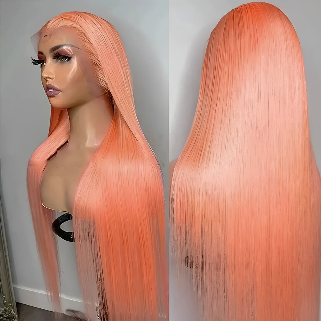 Light orange long straight front lace synthetic wig with side bangs on a mannequin head.