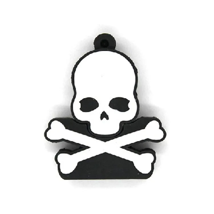 Halloween-themed skeleton skull USB flash drive with small chain in assorted colours.