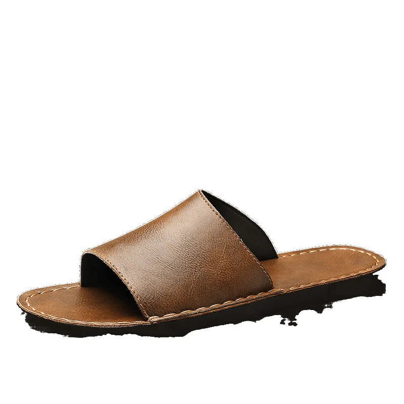 Men's brown leather outdoor sandals with rubber soles shown from side perspective