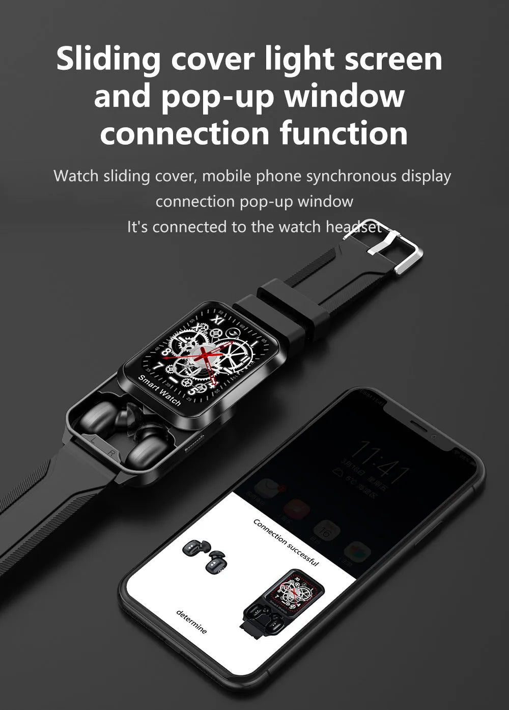 Bluetooth smart bracelet with split screen display showing call information on silicone wrist strap