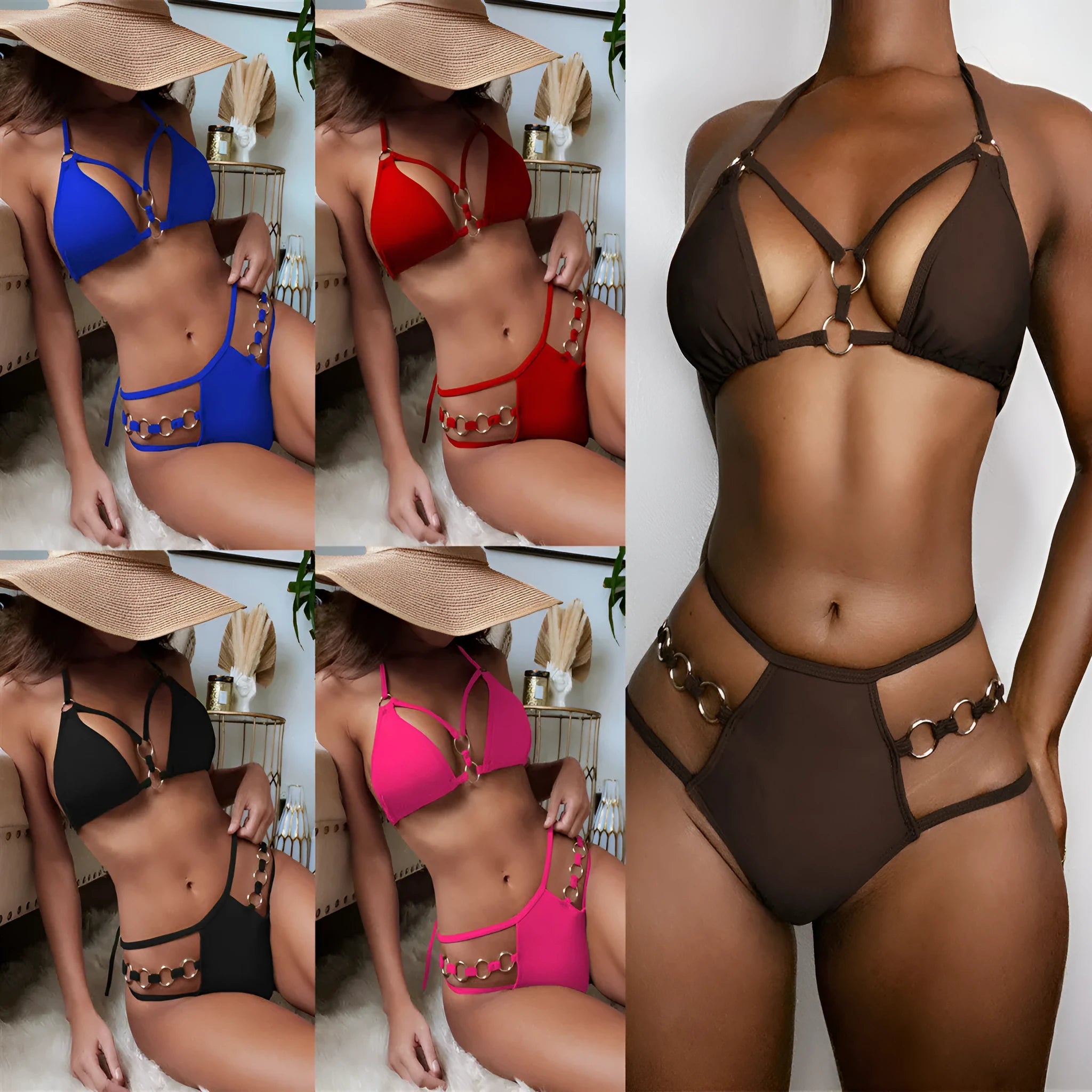 Women's pure colour bikini set with separated top and shorts in nylon fabric.