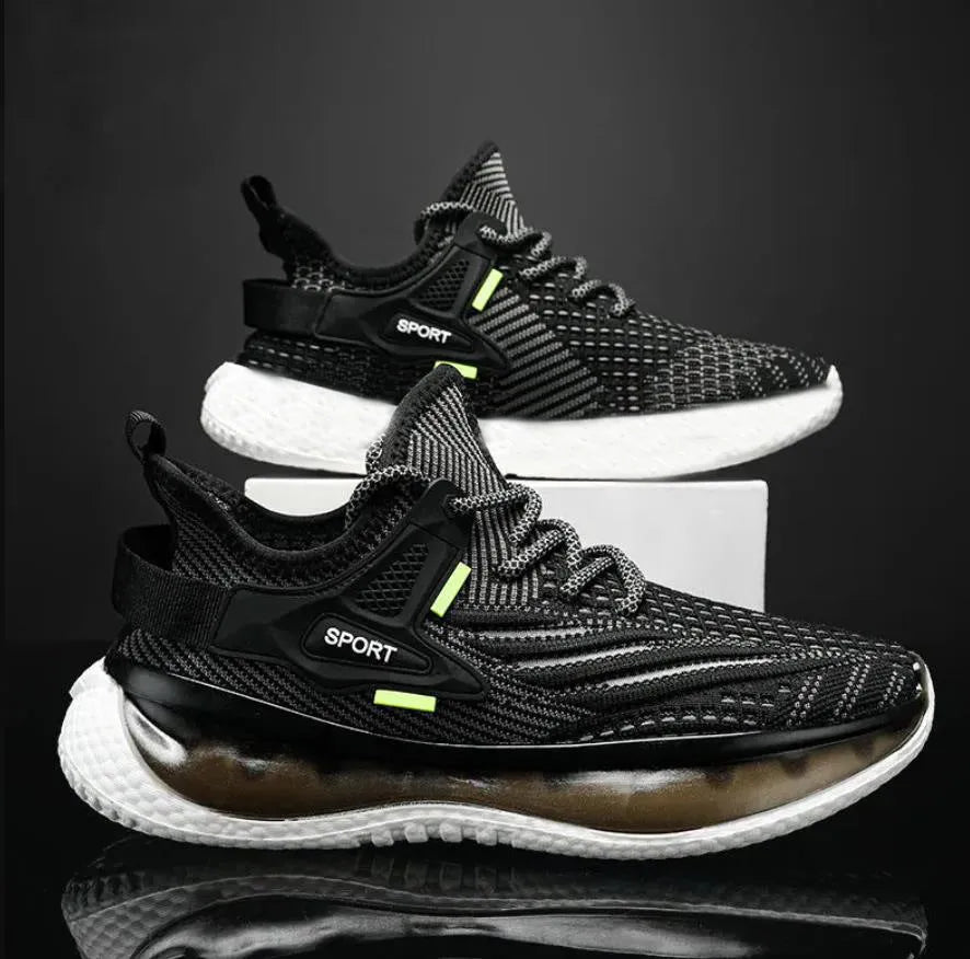 Men's woven mesh platform sneaker in black with front lace-up and rubber sole