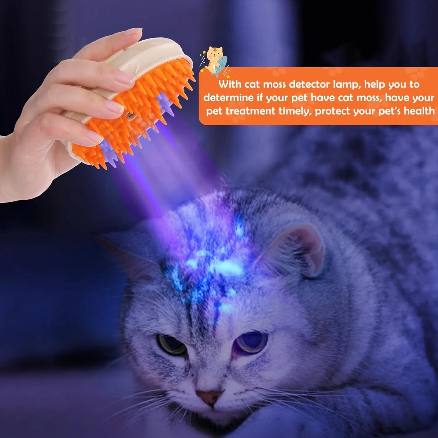 Yellow 4-in-1 cat steam brush with ringworm detector, vibration massage and USB charging