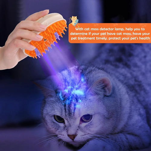 Yellow 4-in-1 cat steam brush with ringworm detector, vibration massage and USB charging