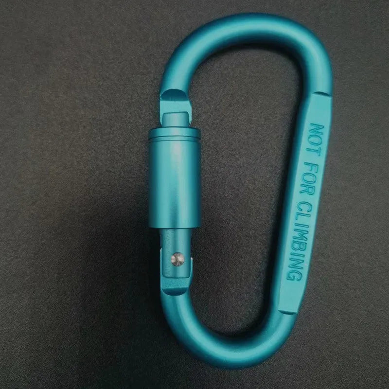 A D-type aluminium locking carabiner with an 8cm flat profile on a neutral background.