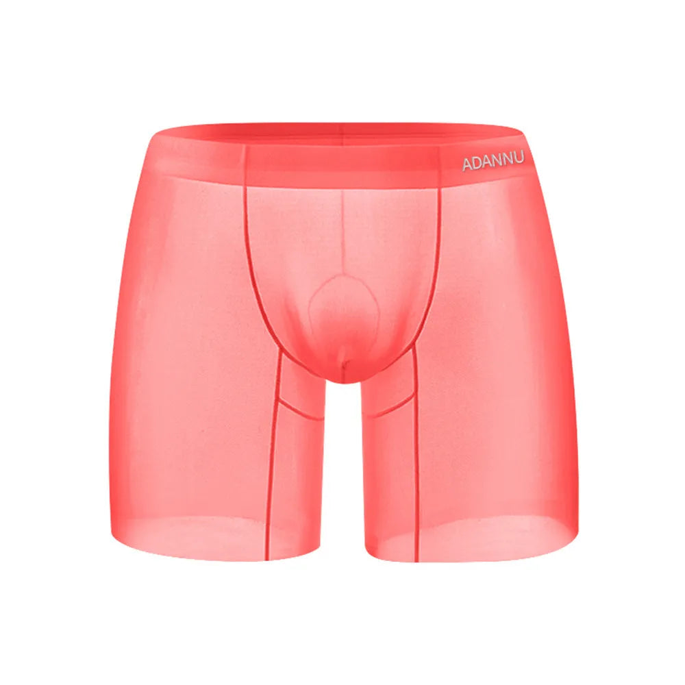 Men's seamless nylon boxer briefs in orange pink and red with U convex low waist design for sports and summer