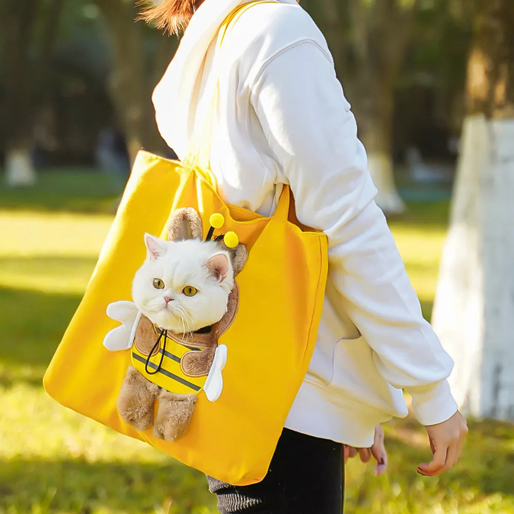Canvas pet carrier backpack with cartoon design for shoulder carrying of cats and small dogs