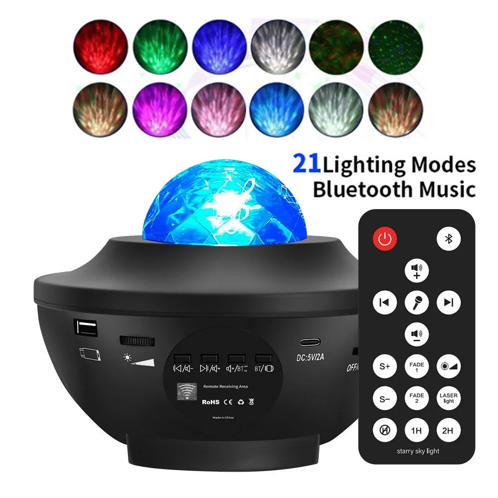 Black-parallel star projection lamp with rotating water ripple laser effects on desktop