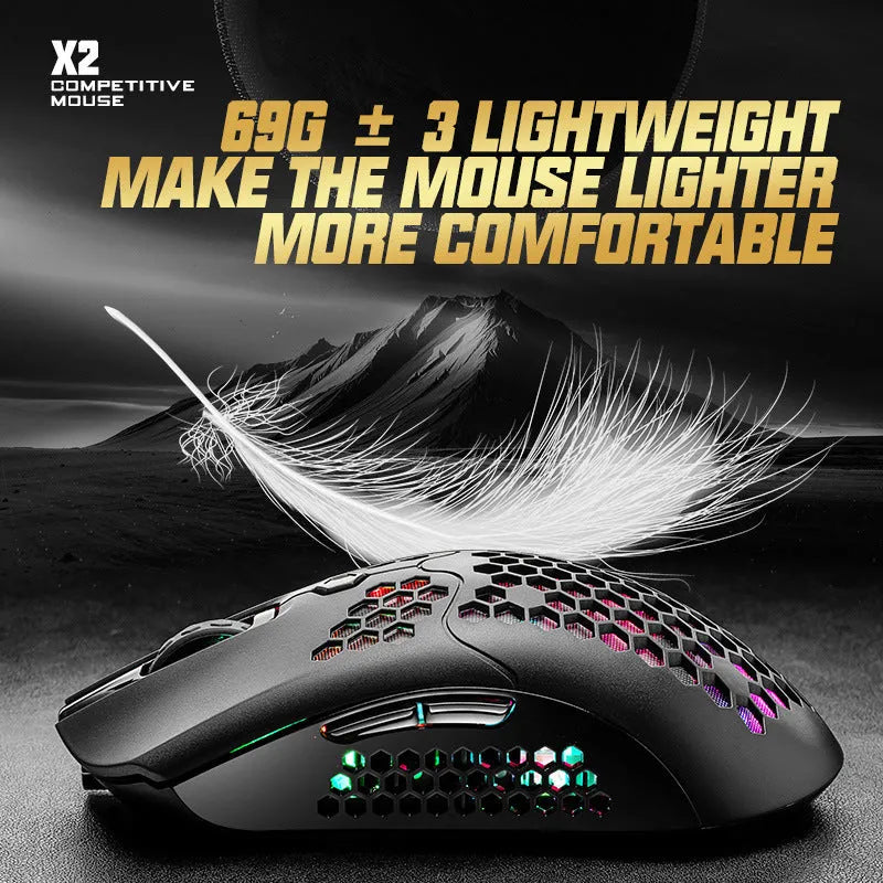 Free Wolf X2 wireless RGB gaming mouse in multiple colour options on gaming desk