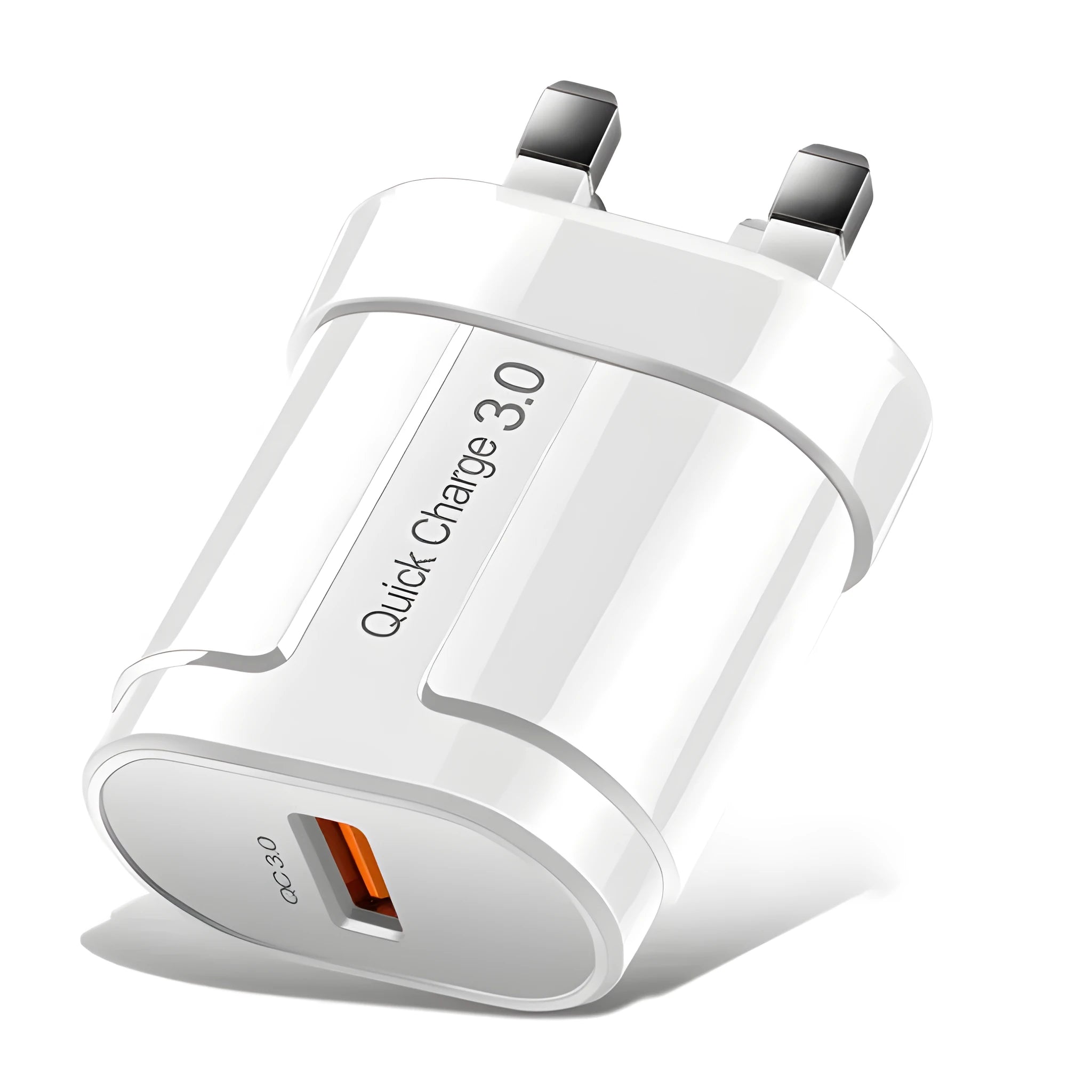 White and black international smartphone charger with UK, US and EU plug options