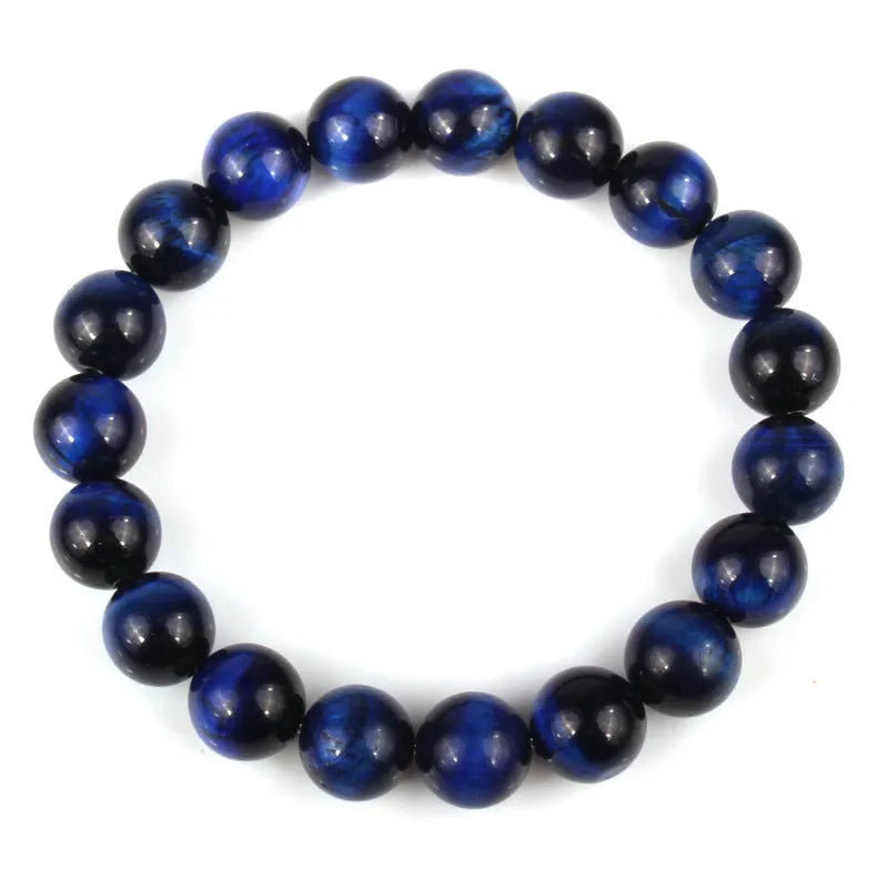 Unisex tigereye crystal bead bracelet with round geometric beads, shown in a dark blue variant.